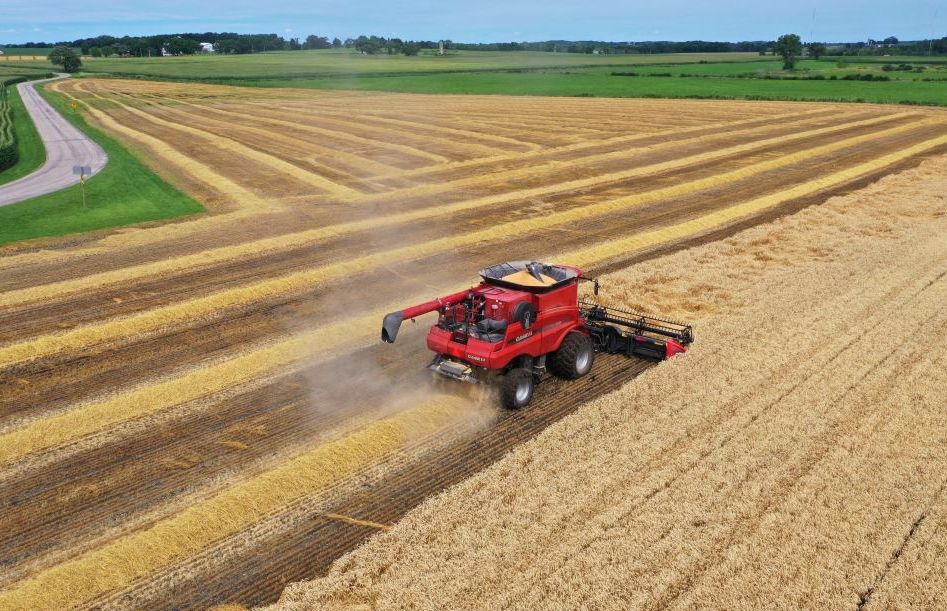 Tim Maloney harvests wheat aerial view
